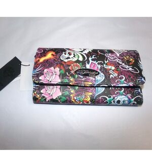 Ed Hardy Womens Tattoo Print Trifold Wallet Black Vegan Leather Skull Rose NWT